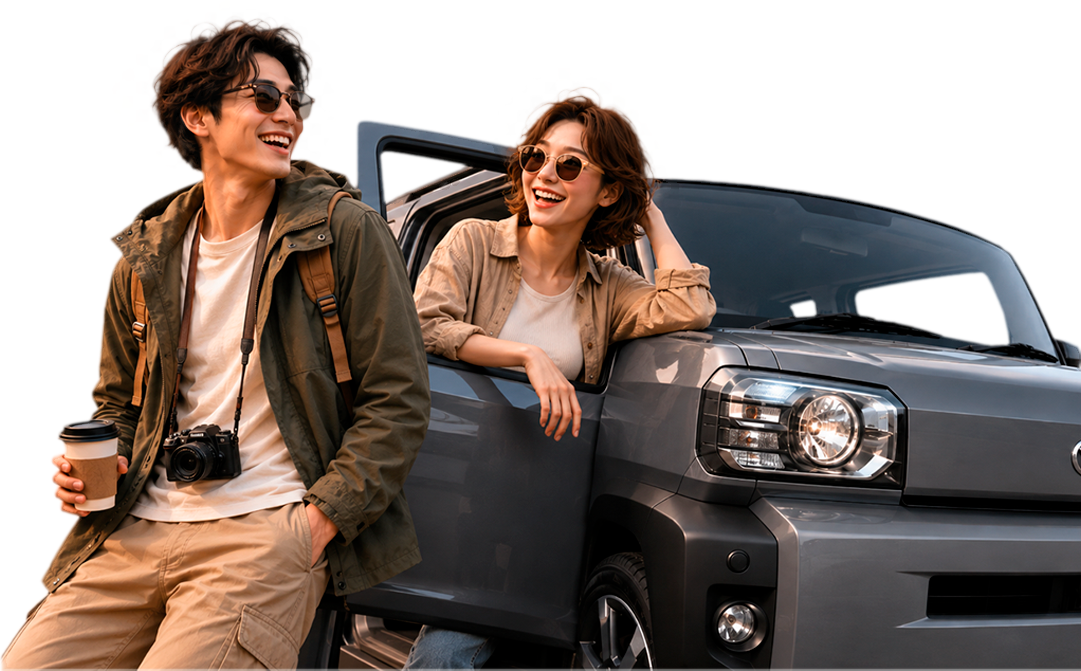 Молодая пара рядом с Daihatsu Taft